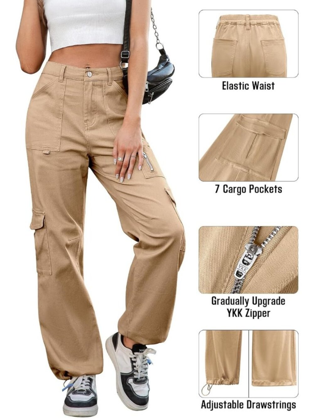 High Waist Wide Leg Cargo Pants for Women | 7 Pockets, Stretchy, Y2K Casual - Picture 4 of 4